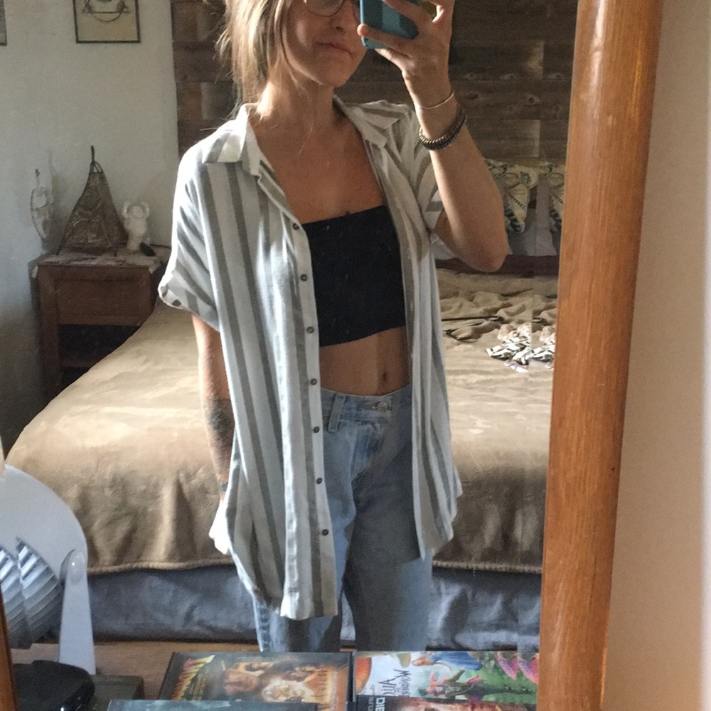 Button Down Grey and White Stripped Shirt